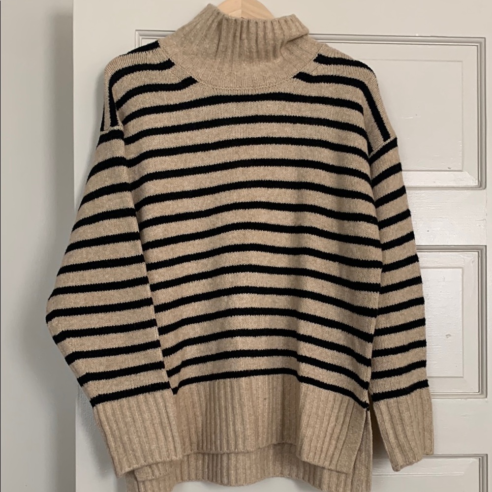 Black and Tan Cowl Neck Sweater with Stripes